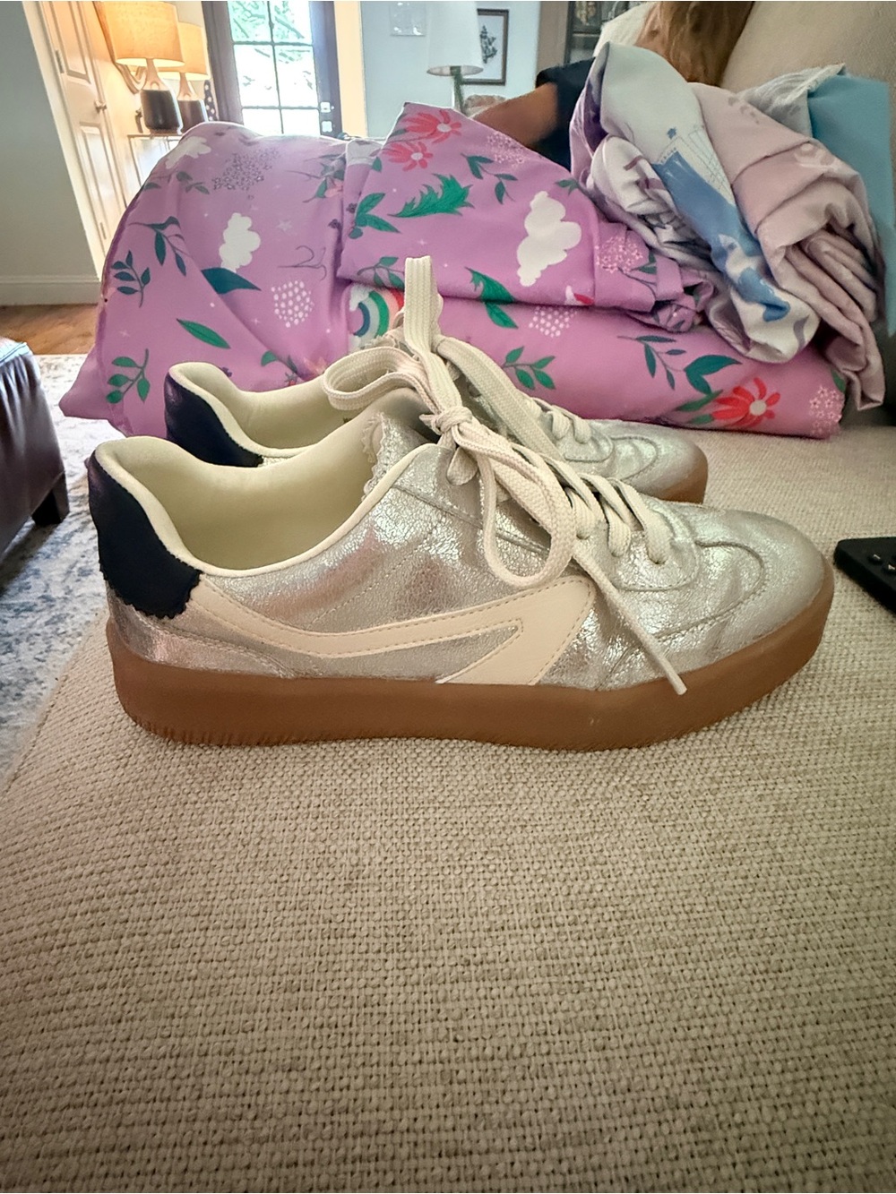 DV by Dolce Vita Silver Metallic and Cream Lace-Up Sneakers